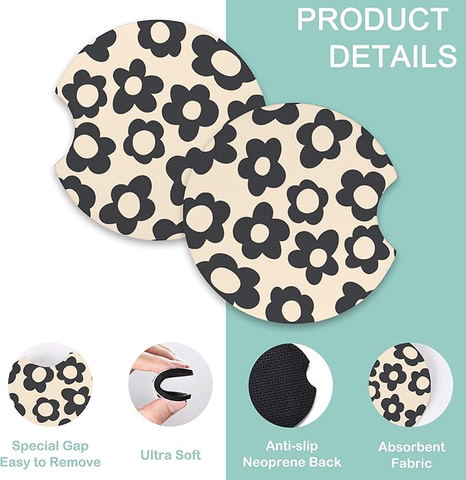 Vintage Black Flowers Steering Wheel Cover for Women Men,Anti-Slip Breathable Car Steering Wheel Cover Elastic Protection with 2 Pieces Car Coasters,Universal 15" Fit Auto,Suvs,Truck