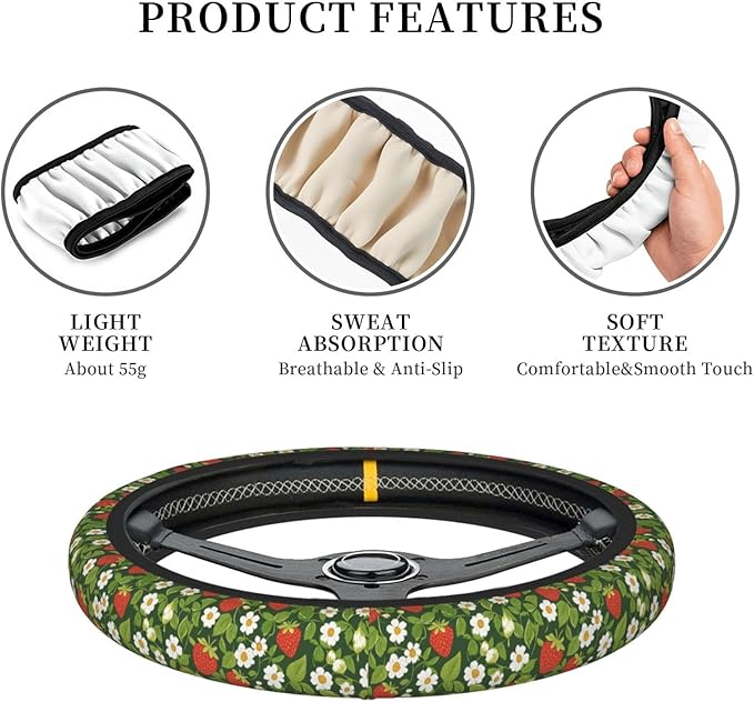 White Flowers Strawberry Steering Wheel Cover for Women Girls, 15 Inches Anti-Slip Steering Wheel Cover for Auto Truck SUV