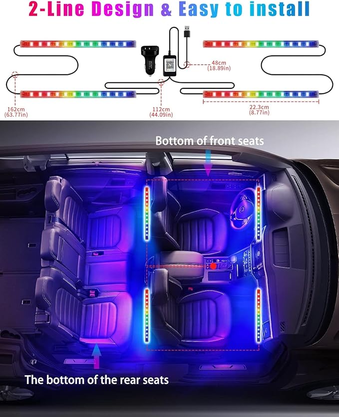 YM E-Bright RGB Car Led Strip Lights with App Control Remote Smart Interior Neon Under Dash Footwell with Car Charger USB Powered DIY Mode Music Sync Multicolor Change 2 Lines Design