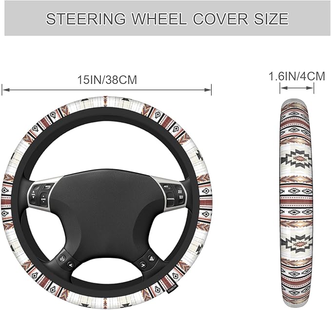 Tribal Navajo Style Car Steering Wheel Cover - 15 Inch Southwestern Native American Style Geometric Pattern Elastic Universal Steering Wheel Cover for Trucks & Auto