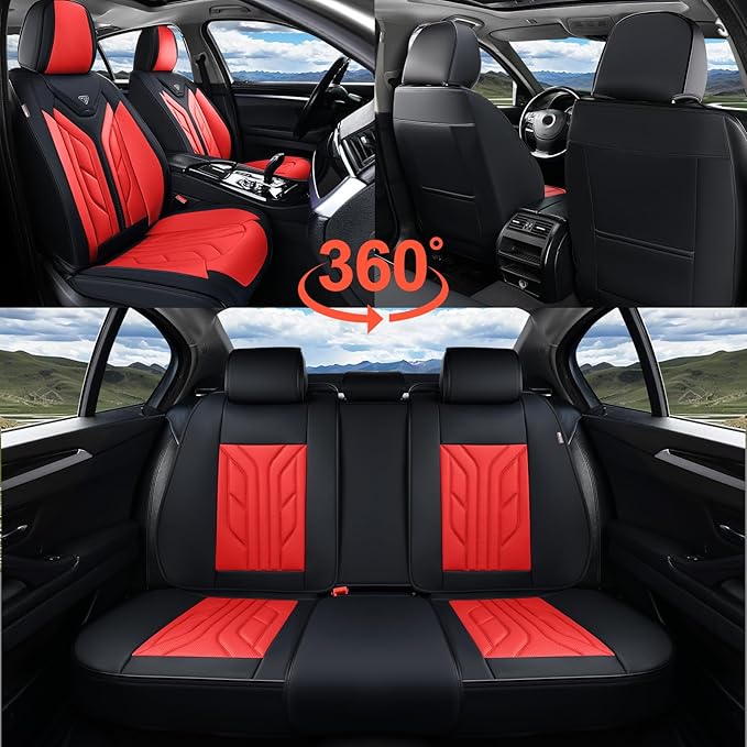 Coverado Car Seat Covers Full Set, Automotive Seat Covers Car Seat Protector Car Seat Cushion, Waterproof Leather Seat Covers for Cars, Universal Fit for Most Sedans SUV Pick-up Truck(Black&Red)