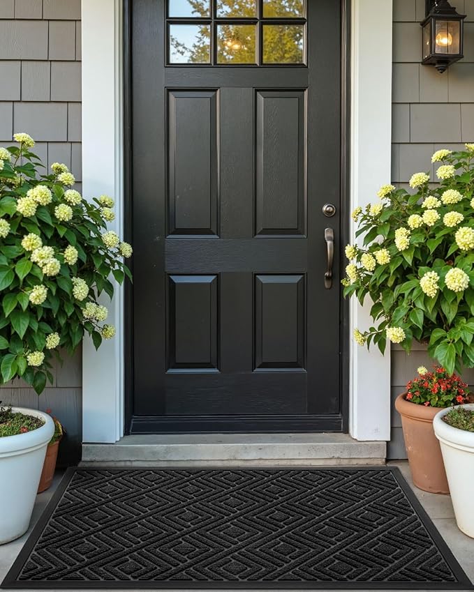 DEXI Front Door Mat Outside Entrance, Heavy Duty Rubber Backed Doormat, Stain and Fade Resistant, Low-Profile Easy Clean Entryway Floor Mats, 2x3, Checkered Black