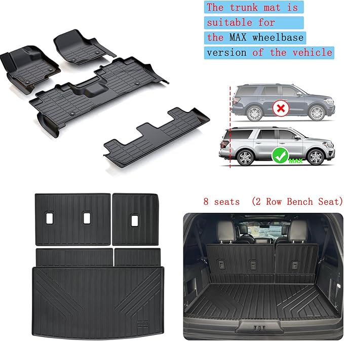 for 2018-2024 Ford Expedition MAX 8 Seats (2nd Row Bench Seat) Floor Mats with Cargo Liners & Backrest Mat,TPE All Weather Protection Full Set Automotive Accessories