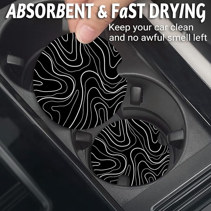 Topographic Anti-Slip Rubber Car Cup Mat with 2 Pack Cup Holder Coasters for Men & Women, Cute Interior Accessories