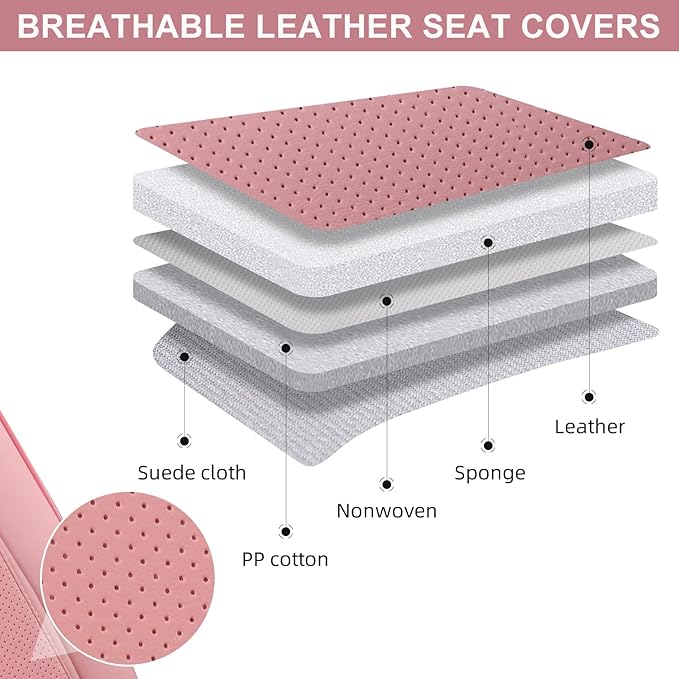 Pink Car Seat Covers Full Set, Breathable Leather Automotive Front and Rear Seat Covers & Headrest, Universal Automotive Vehicle Seat Cover for Most Sedan SUV Pick-up Trucks