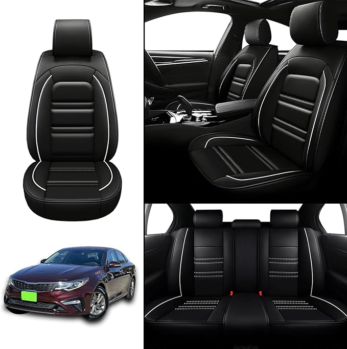 Seat Covers for kia Optima 2003-2020 | 5-Seats Leather Seat Covers, Easy to Install Automotive Seat Covers Full Set (Full Set, Black&White Line)