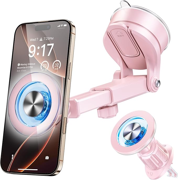 for MagSafe Magnetic Car Phone Holder [2025 Upgraded Strongest Magnet] Car Mount Suction Cell Stand for Dashboard Windshield Vent Compatible with iPhone 16/15/14/13/12/11 Android etc-Pink
