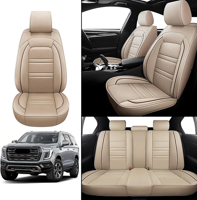 Seat Covers for gmc Yukon 2000-2025 | 5-Seats Leather Seat Covers, Easy to Install Automotive Seat Covers Full Set (Full Set, Beige)