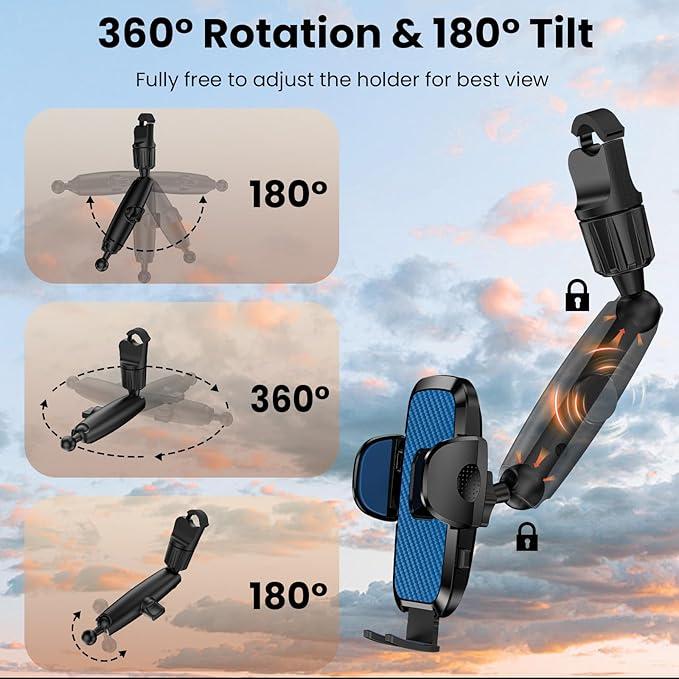 Rear View Mirror Phone Holder, 360° Rotating Car Phone Holder Mount Compatible with All 4-7 Inch iPhone and Android Cell Phones (Blue)