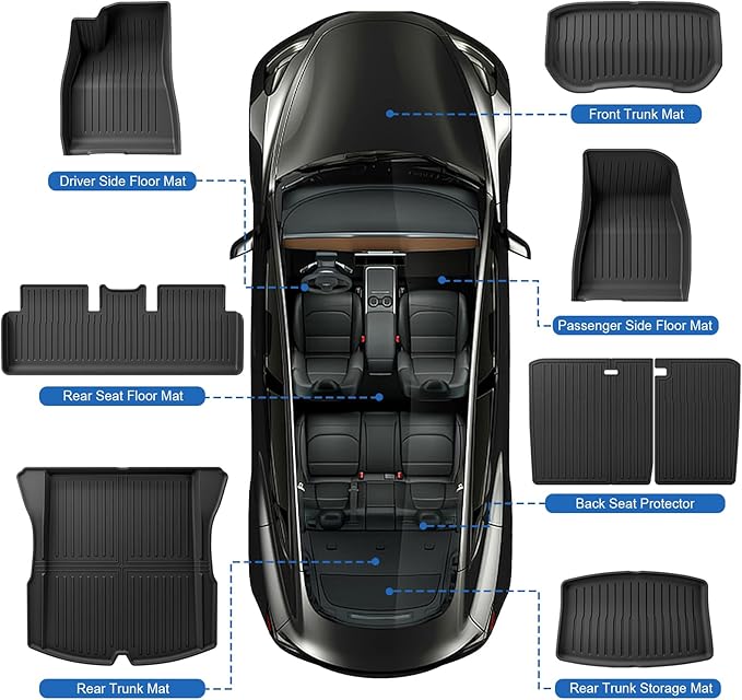 Weize Floor Mats Fit for Tesla Model 3 Highland 2025 2024, TPE All Weather Cargo Liner Floor Mats and Cargo Trunk Mats Accessories Front Rear Cargo Mat Full Set of 8