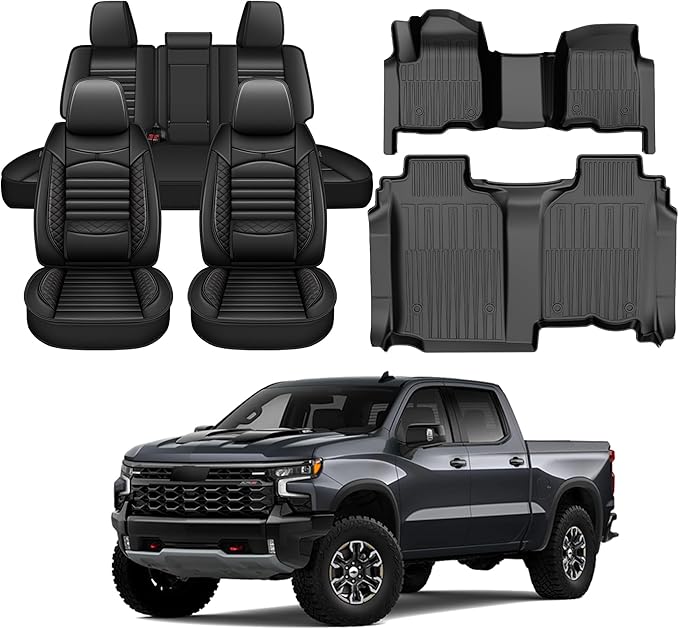 Floor Mats & Seat Covers Fit for 2020-2026 Chevy Silverado/GMC Sierra 1500/2500HD/3500HD Crew Cab - 1st & 2nd Row Custom Fit Truck Protection Acessories (Without Rear Underseat Storage Box)