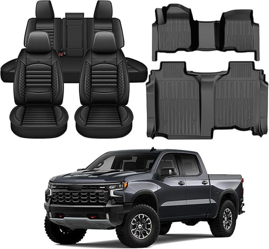 Floor Mats & Seat Covers Fit for 2020-2026 Chevy Silverado/GMC Sierra 1500/2500HD/3500HD Crew Cab - 1st & 2nd Row Custom Fit Truck Protection Acessories (Without Rear Underseat Storage Box)