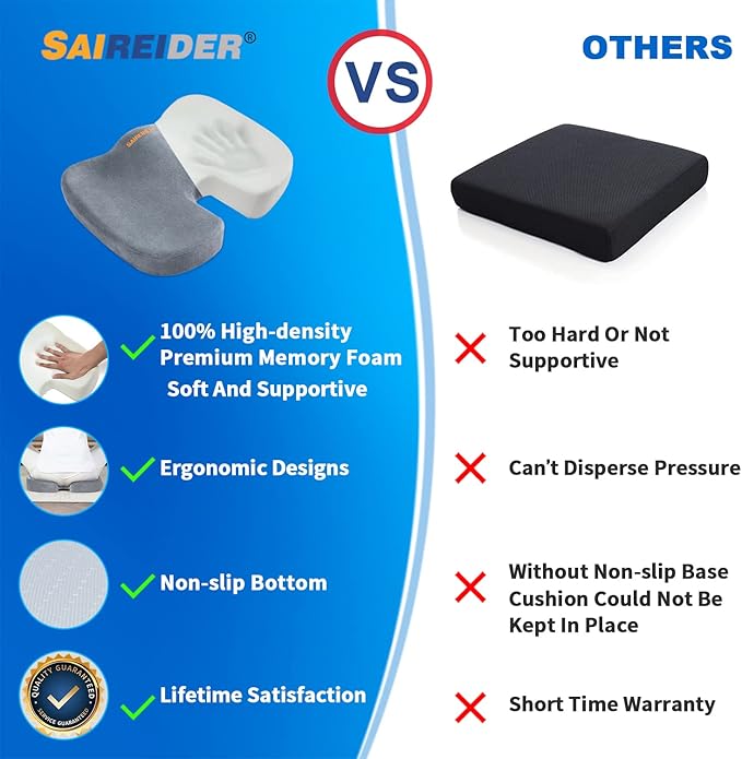 SAIREIDER Seat Cushions for Office Chairs, Memory Foam Coccyx Cushion Pads for Tailbone Pain, Sciatica Relief Pillow, Car Seat Cushion, Correct Sitting Posture (Grey)