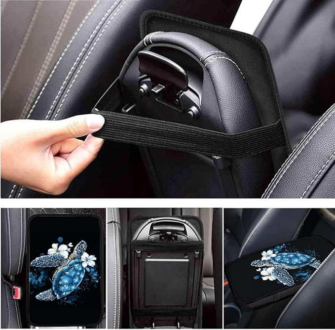 Blue Sea Turtle Steering Wheel Cover Sets Flower Print Car Accessories Handbrake Cover Cup Coaster Car Interiors Decor for Men Women 6pcs