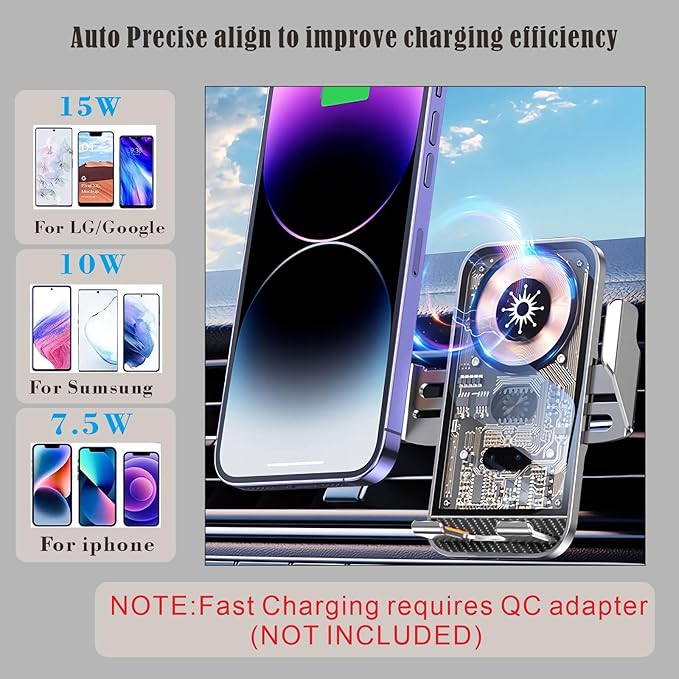 Wireless Car Charger Mount, 15W Fast Charging Auto Clamping Car Charger Holder for iPhone/Samsung for iPhone 16 15 14 13 12 11 Pro,Samsung Galaxy S25 S24 Ultra S23 S22 S21 S20