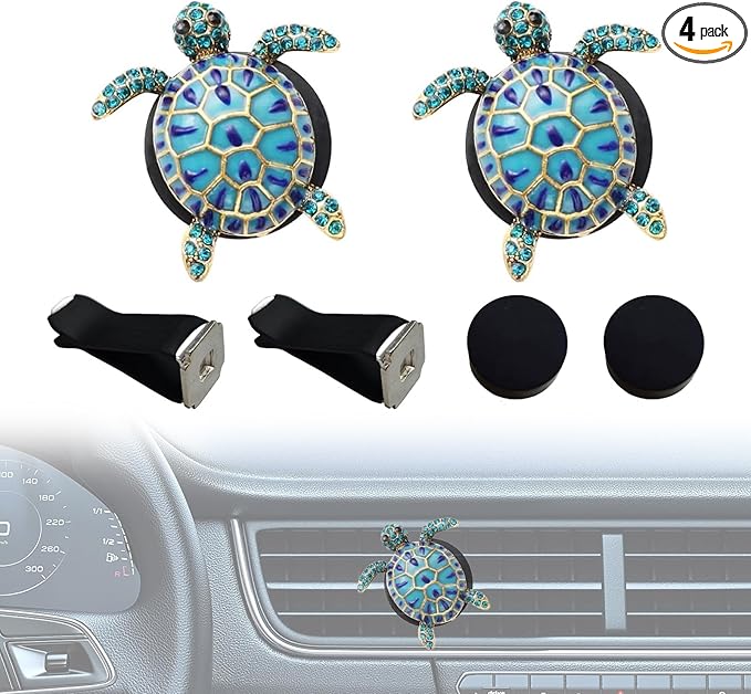 2PCS Beach Car Accessories, Crystal Cute Turtle Air Fresheners Diffuser Vent Clip, Bling Tortoise Car Air Vent Clips, Comes with 2 PCS Black Cars Air Vent Clips(Blue)