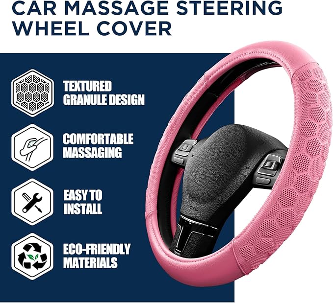 PIC AUTO Massage Steering Wheel Cover, Pink Football Pattern Material Spliced & Pink Leather Car Steering Wheel Cover, Car Steering Cover, Universal Fit 14.5"-15.5" for Cars, Trucks, Van, SUVs