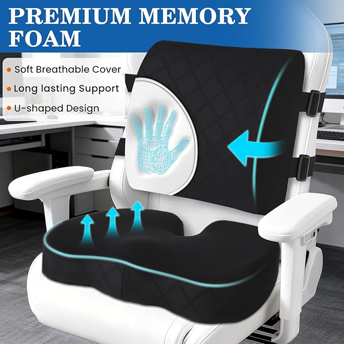 TushGuard Back&Seat Cushion, Car Seat Office Chair Cushions, Breathable Memory Foam Lumbar Back Support Pillow, Portable Airplane Seat Cushion for Travel, Computer Desk, Wheelchair, Driving (Black)