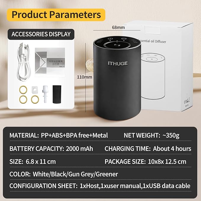 Waterless Essential Oil Diffuser, Portable Aromatherapy Diffuser with 20mL Empty Bottle, Battery Operated Mini Scent Diffuser,3 Mist Levels & Timers, Leak-Free, for Home, Car, Office (E200W)