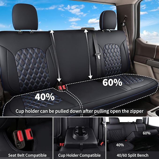 Huidasource Truck Seat Covers Fit for Chevy Silverado GMC Sierra 1500 2007-2013 & 2019-2025, 2500HD 3500HD 2020-2025 Crew Double Extended Cab Pickup Leather Car Seat Cover (Full Set/Black&Blue)