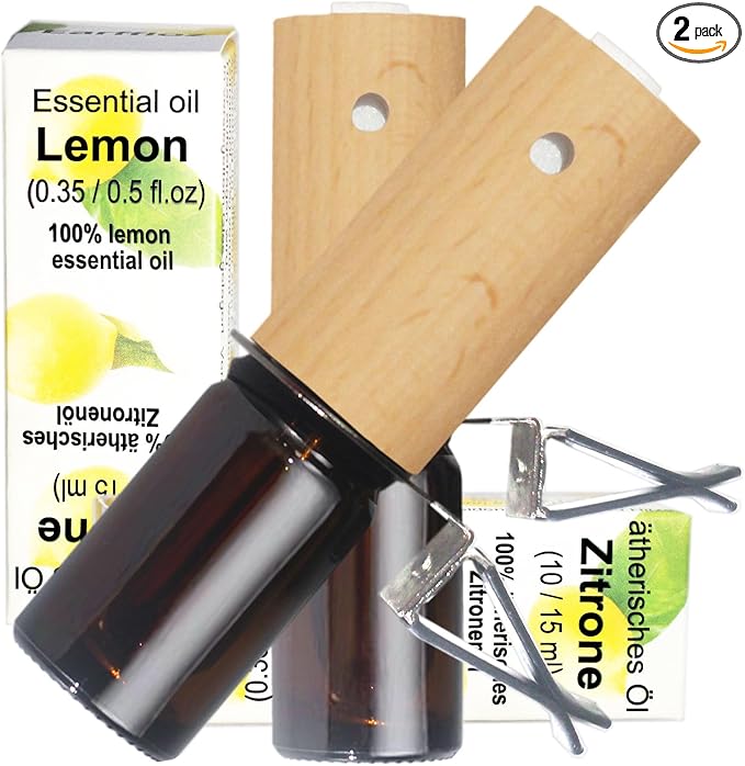 2-set Refillable Lemon Car Scent 60 Days’ Odor Fighting Non-toxic Strong Natural Fragrance, Vent Clip Wood Diffuser & Pure Essential Oils Auto Air Freshener (2x Beech Diffuser + 2x20ml Oil)