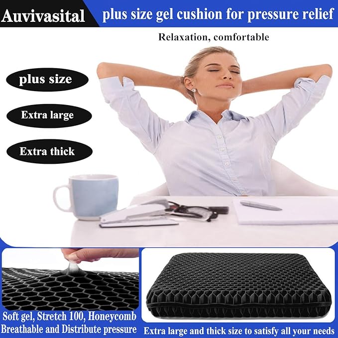 Plus Size Gel Seat Cushion, Extra Large and Thick, Seat Cushion for Pressure Relief for Back, Hip, Sciatica, Tailbone Pain, Use for The Office, Car, Wheelchair, Recliner, Truck, Trip, Stadium.(Black)