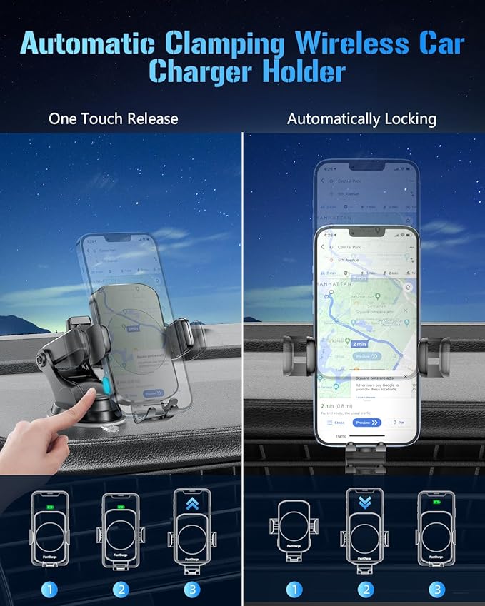 Wireless Car Charger, Fast Charging Phone Holder 3 in 1 Phone Mount Auto Clamping Car Accessories Compatible with iPhone 17 16 15 14 13 12 11 Xs XR, Samsung S23 Ultra S22 S21 S20(Deep Space Black)