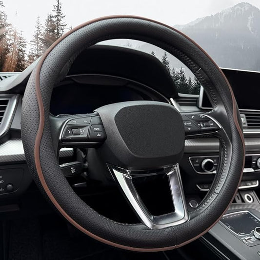 Leather Steering Wheel Cover， with Anti-Slip Stripe Design - Enhanced Grip, Fashion Style, Safe, Non-Slip, Breathable. Upgrade car Interior，Black Brown