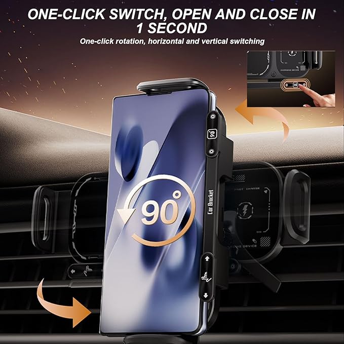 Wireless Charging Rotating Car Mount, Auto Rotating Phone Holder Black, 15W Fast Charging Phone Car Mount Touch Control Wireless Chargers