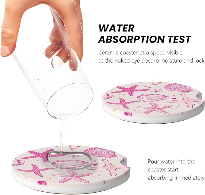 Absorbent Car Coasters for Cup Holders, 2 Pack Universal Anti Slip Ceramic Cup Coaster for Women Men 2.56 Inch Car Interior Accessories - Pink Sea Shell 014