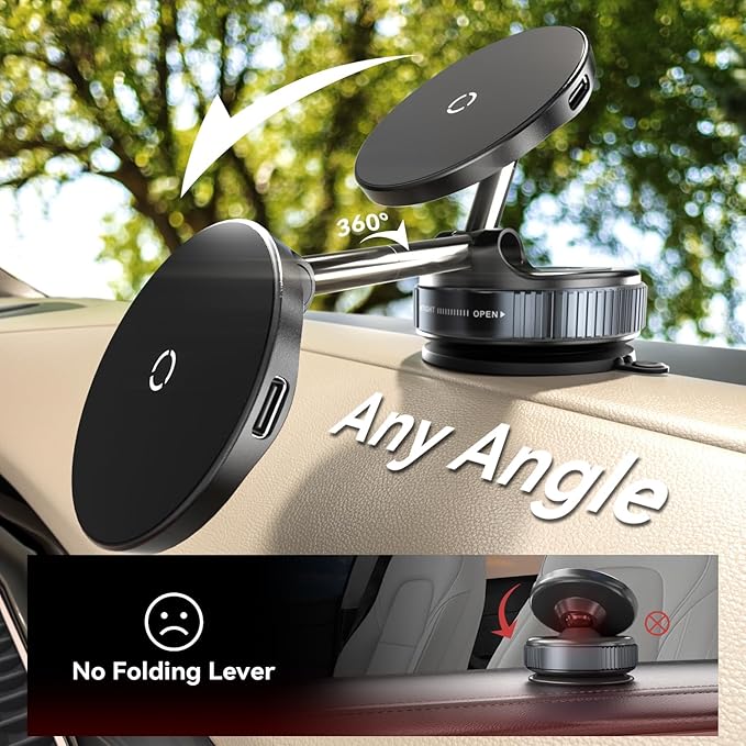 15W Fast Charging Magnetic Car Phone Holder [New Elastic Vacuum Suction Cup] 360° Adjustable Wireless Charger Car Mount for MagSafe iPhone 17 Pro Max 17 Pro 16 15 14 13 12