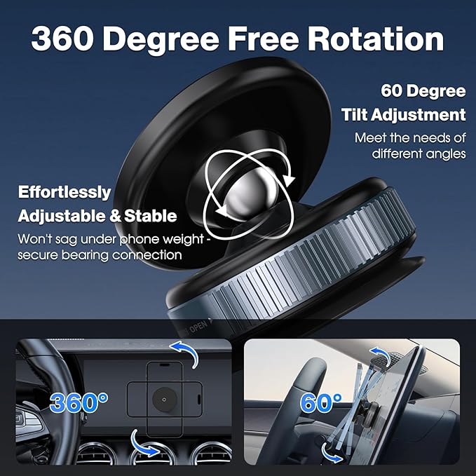 360° Rotatable Vacuum Magnetic Phone Holder, Adjustable Hands-Free Suction Cup Car Phone Mount for Car/Gym/Mirror/Smooth Surface, Compatible with iPhone Android and All Smartphones