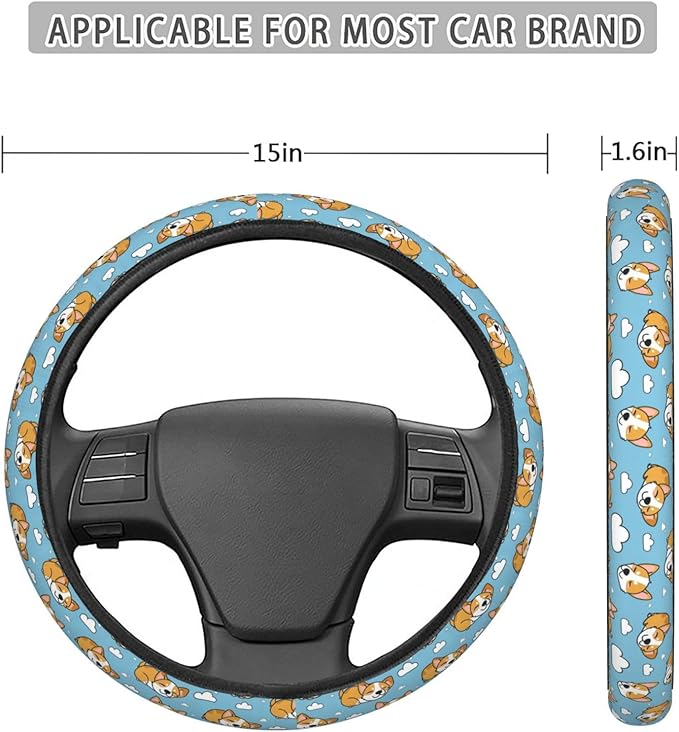 Sleep Corgi Cute Dog Clouds Steering Wheel Covers Anti-Slip Elasticity Car Accessories Steering Wheel Protector Universal 15 Inch for Cars SUV Vehicle Truck