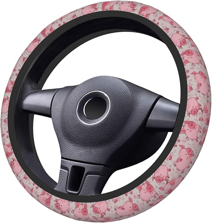 Pink Cartoon Pigs Steering Wheel Cover for Women Girls, 15 Inches Anti-Slip Steering Wheel Cover for Auto Truck SUV