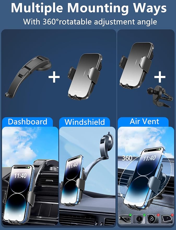 Wireless Car Charger for Samsung Galaxy Z Flip, 15W Charging [AUTO MOVING COIL], Dash Air Vent Auto-Clamping Car Phone Holder Charger Mount Wireless Charging for iPhone 17/16/15, Galaxy Z Flip 7/6/5/4