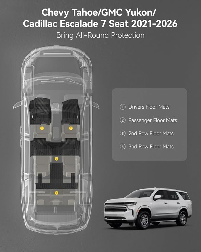 3W Floor Mats Fit for 2021 2022 2023 2024 2025 2026 Chevy Tahoe/GMC Yukon/Cadillac Escalade 7 Seat, TPE All Weather Custom Fit Car Accessories Full Set Car Floor Liners 7 Passengers