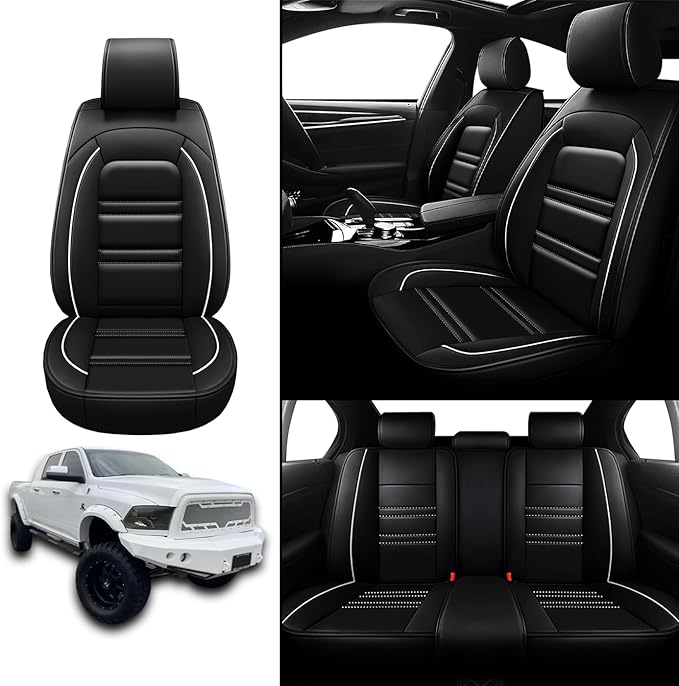 Seat Covers for Dodge ram 2500 2004-2011 | 5-Seats Leather Seat Covers, Easy to Install Automotive Seat Covers Full Set (Full Set, Black&White Line)