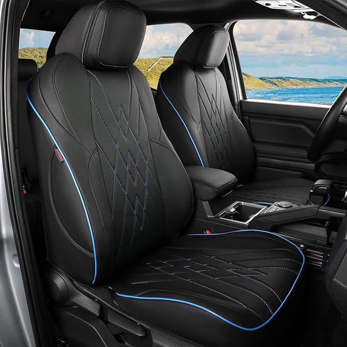 EKR Custom Fit Tacoma Car Seat Covers for Select Toyota Tacoma (Petrol) 2024 2025 Double cab SR,SR5,TRD Sport,TRD Off-Road,Limited -Full Set,Leather (Black with Blue Trim)