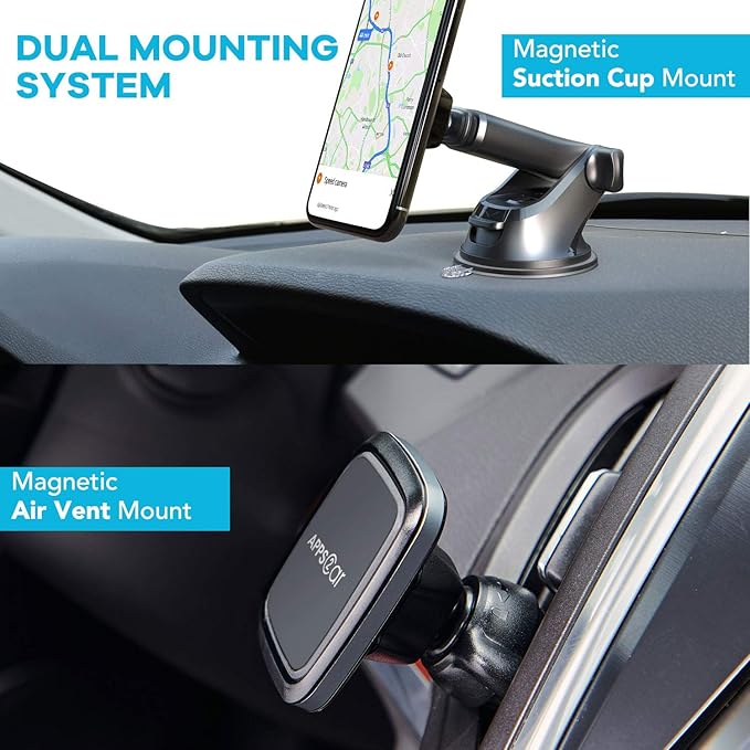 APPS2Car 3-in-1 Car Phone Mount Magnetic Dashboard Windshield Air Vent Mount Phone Holder for Car Universal Car Phone Holder with Powerful Suction Cup Built-in Strong 6 Magnets for All CellPhones