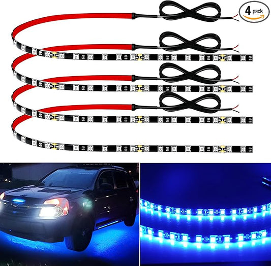 12V Led Light Strip 18" Connectable Blue LEDs Strip Lights for Car Motorcycle Golf Cart Automotive Trucks Boat Marine Waterproof Led Light Strip, 4Pack