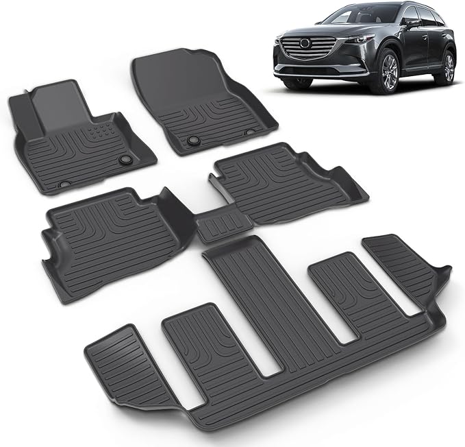 All Weather Car Floor Mats Fit for Mazda CX-9 6 Seater 2020-2023 Automotive Floor Liners CX9 Front& Rear& 3rd Row Accessories Black