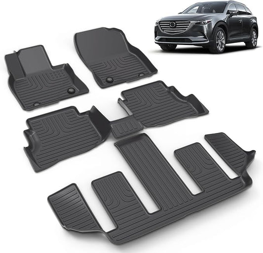 All Weather Car Floor Mats Fit for Mazda CX-9 6 Seater 2020-2023 Automotive Floor Liners CX9 Front& Rear& 3rd Row Accessories Black