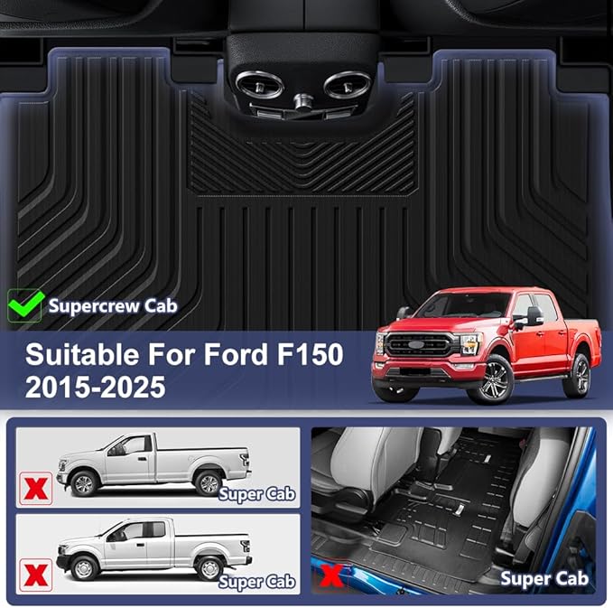 TPE Car Floor Mats for Ford F-150 2015-2025 & F150 Lightning 2022-2025 SuperCrew (Rear w/o Fold Flat Storage), Custom Fit Carpet Floor All Weather Truck Mats - Front and Rear Row, 3PCS