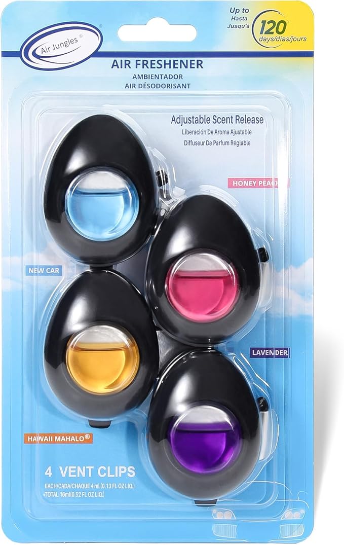 Air Jungles Car Air Freshener Vent Clip 4 Count, 4 ml Each, Long-Lasting Car Odor Eliminator, Up to 120 Days Freshness for Auto, Truck, Home