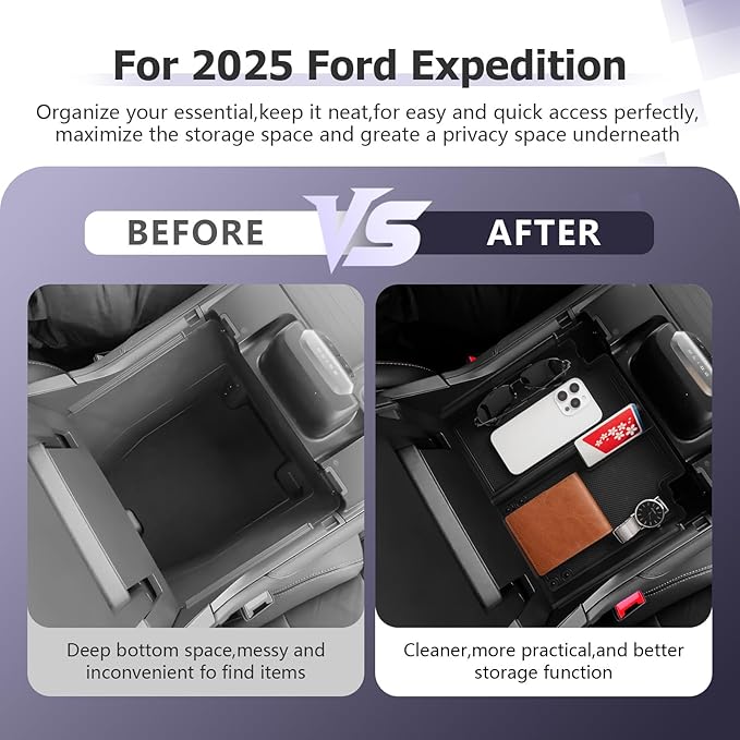 LUWU Center Console Organizer for 2025 2026 Ford Expedition Active/Platinum/Tremor/King Ranch Accessories Armrest Storage Box Tray Organizer Insert Tray ABS Material 2025 Expedition Accessories Black