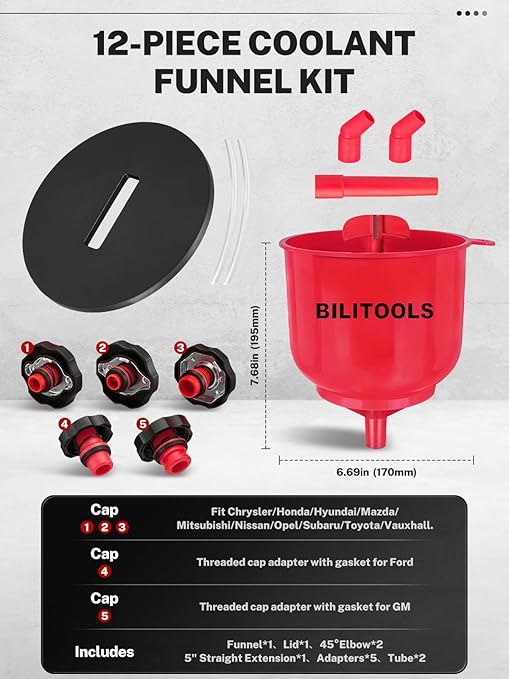 BILITOOLS No-Spill Coolant Funnel Kit - 12PCS Specialized Radiator Coolant Filling Funnel Kit, Radiator Flush Kit Includes 5 Adapters, Extensions, Compatible with Ford GM|Air Bleeding, Drip-Free