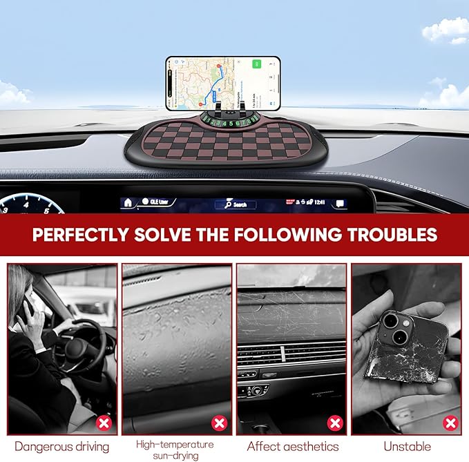 Wuyaoyao Multifunction Car Anti-Slip Mat Auto Phone Holder, PVC Car Dashboard Non-Slip Pad Phone Mount with Temporary Parking Number, Automotive Sticky Dash Pad for Phones, Keys, Gadgets (Black+Brown)