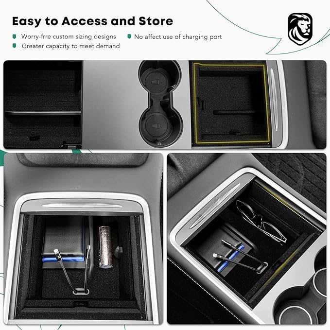 YHTAUTO Center Console Upper Tray Fit 2024 2025 Tesla Model 3 Highland, Center Control Console Storage Box with Sunglass Holder Non-Slip - Flocking Inside Interior Accessories 1PC