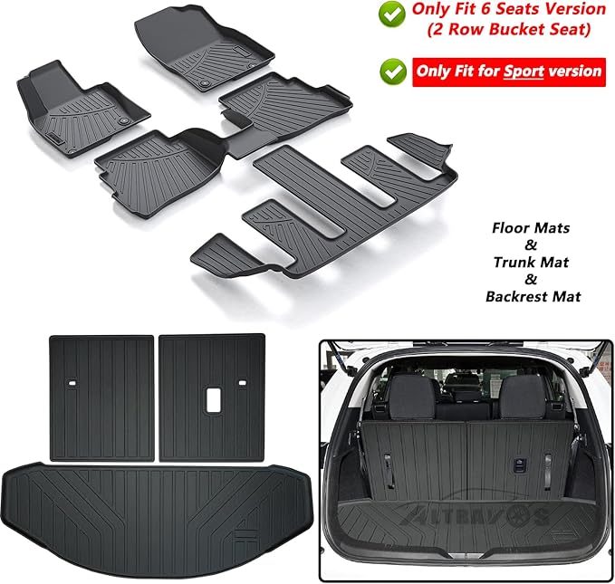 Floor Mats & Trunk Mat & Backrest Mat (Only Fit Sport Version) for 2016-2022 2023 Mazda CX-9 CX9 (6 Seats-2 Row Bucket Seat),TPE All Weather Protection Floor Liners & Cargo Liners