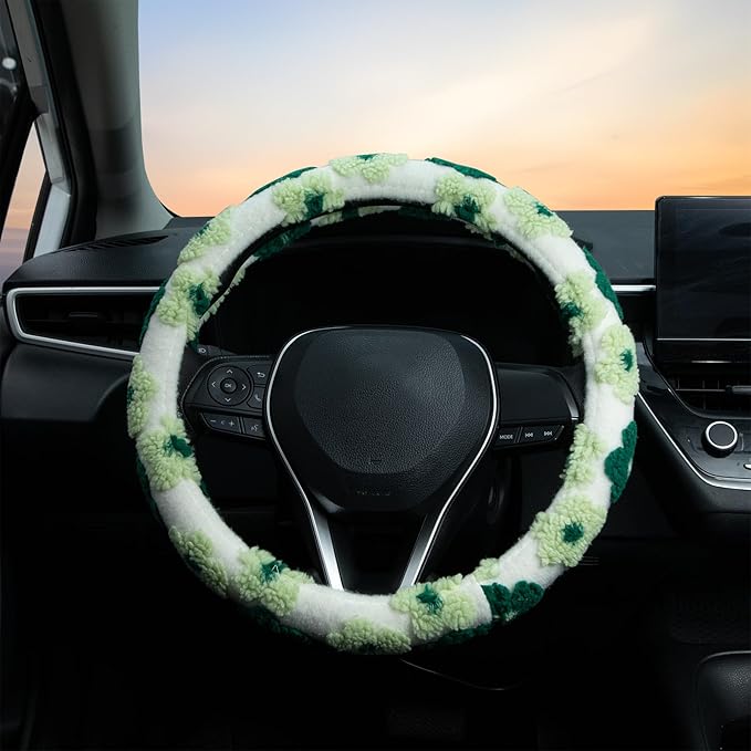 Green Plush Flowers Steering Wheel Cover Auto Jacquard Steering Wheel Protector, Anti-Slip, Breathable, Absorbing Sweat, Universal Car Accessories 14.5–15 inch,Fit for Most Car, Trucks, SUV